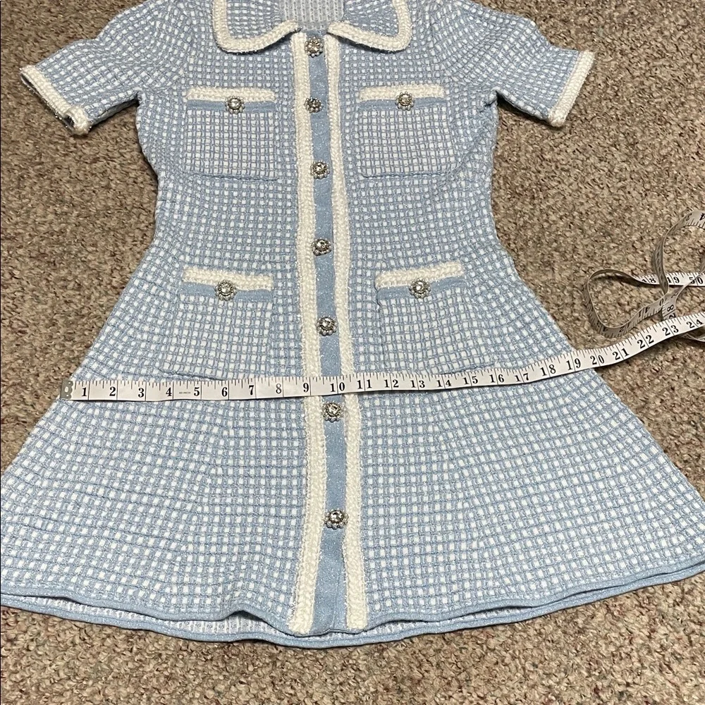 Blue and White check knit boucle ultra stretchy Dress with pearl/diamond buttons - Picture 6 of 10